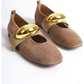 Resim Mubiano Hakiki Deri Collection Kadın Gold Toka Detaylı Süet Babet Bej - Mcrgn8037 - Bj Bej 