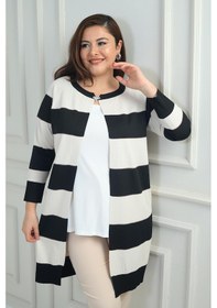 Resim Kadın Enine Kalın Çizgili Büyük Beden Hırka-41879 Siyah 