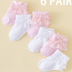 Resim 1/2/6'lı Paket İlkbahar-Yaz Nefes Alabilen Yay Süslemeli Bebek Kız Çorapları 