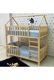 Resim MiniWood Montessori Yatak Çatılı Doğal Ahşap Ranza Karyola 