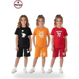 Resim Panios Kids 3'lü Yuvarlak Yaka Tişört Renkli Kapri Baskı Detaylı 6 Parça Kız Çocuk Alt Üst Takım Siyah - Kırmızı 