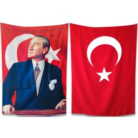 Resim Renkli Atatürk Bayrağı ve Türk Bayrağı 70x105 CM 