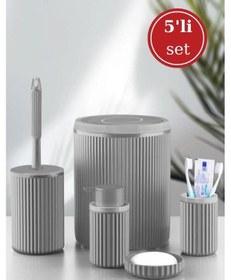 Resim Flora 5 Parça Banyo Seti Çöp Kovası 6 Lt, Wc Fırça, Sıvı Sabunluk, Katı Sabunluk, Diş Fırçalık Gri 