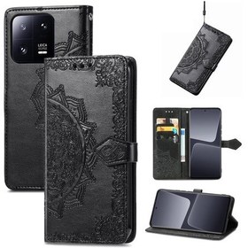 Resim Xiaomi 13 Mandala Çiçek Kabartmalı Deri Telefon Kılıfı İçin Siyah 