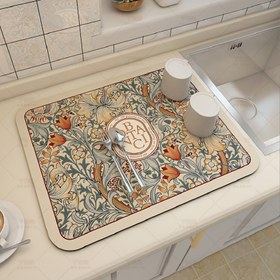 Resim 1 adet Vintage Çiçekli Silikon Mutfak Süzgeç Matı, Kaymaz Bulaşık Kurutma Pedleri Şık Botanik Tasarımıyla, Su Emici Tezgah Koruyucu Lavabo ve Bar için, Kolay Temizlenebilir Ev Dekor Aksesuarı, Bulaşık Kurutma Matı 