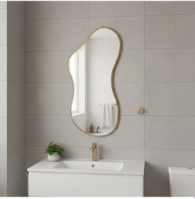 Resim 40x72 Cm Modern Organik Şekilli Dekoratif Banyo Aynası Altın Çerçeveli Düzensiz Tasarım Ayna Minimalist & Japandi Duvar Aynası Altın 