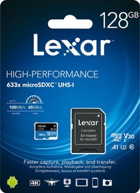 Resim Lexar High Performance 633X 128GB MicroSDXC Class 10 UHS-I Hafıza Kartı + Adaptör 