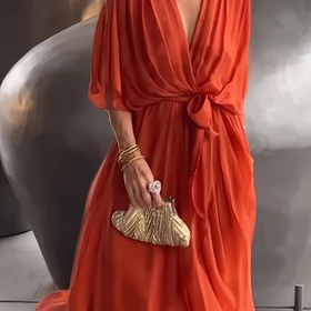 Resim Kadınlar İçin Şık V Yaka Maksi Elbise - Resmi Parti ve Düğün Kıyafeti - Makinede Yıkanabilir - Galalar & Özel Etkinlikler için Akşam Elbisesi - Model m186, Galaxy Stili, Esnek Kumaş, Zarif Siluet 