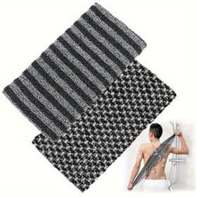 Resim Çift Taraflı Peeling Banyo Havlusu - Ergonomik Saplı Siyah Beyaz Çizgili ve Houndstooth Desenli Sırt, Kol, Bacak için Duş Süngeri - Nazik Açık Bej Eksfoliasyon, Dayanıklı Spa Aksesuarı, Yumuşak Peeling Havlu, Kendine Bakım Esansiyeli 