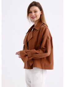 Resim Pastelastore %100 Pamuk Gabardin Astarlı Oversize Geniş Kalıp Kadın Crop Kısa Trençkot 1122 Taba 
