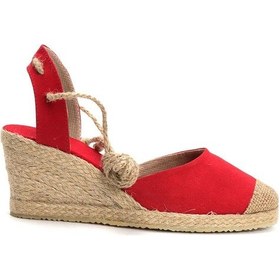 Resim Star Tombis Gerçek Elişi Topuğu Açık Bilekten Bağlamalı Bej Dolgu Topuk Keten Hasır Espadril Handmade Kırmızı 