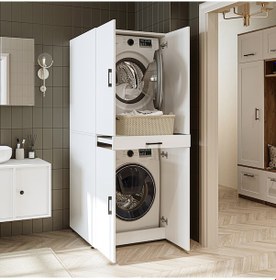 Resim Banyo Dolabı Kapaklı Çamaşır Ve Kurutma Makinesi Dolap 70x185 Cm Mat Beyaz 
