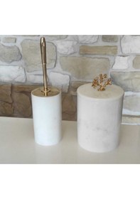 Resim Beyaz Mermer Gold Mercan Aksesuarlı 2'li Banyo Seti Beyaz 