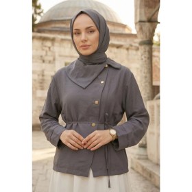 Resim Modestim Kadın Antrasit Yaka Düğme Detaylı Belden Bağlamalı Şık ve Modern Tesettür Gömlek Tunik Yazlık 