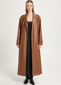 Resim minaaise Kadın Kahverengi Oversize Astarsız Tam Boy Deri Trench 30022 