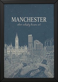 Resim Manchester Line Art Print - Slate Blue Town Hall Industrial Skyline Wall Art - With Hanger - Black / 20 x 28" (50x70 cm) 