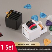 Resim Büyük Hoparlör Modeli Gitar Pick Tutucu Depolama Çekmeceli, Gitar Pick Kutusu + 5 Rastgele Renkli Pick 0.96mm Kalınlıkta Set, Gitaristler ve Hediye Olarak Uygun, Taşınabilir ve Şık Gitar Hoparlörü Pick Rafı, Dekoratif plaklar ve süsler 