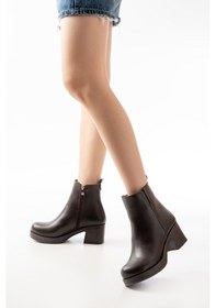 Resim 5109-3057 Kahverengi Lastikli Fermuarlı Kalın Topuklu Günlük Kadın Bot Beyaz 