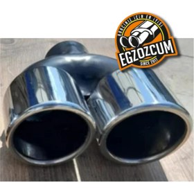 Resim Egzozcum 90 mm Çift Çıkış Eşit Yuvarlak Verev Kesim Krom Sessiz Egzoz Ucu Eksoz Çıkışı 1 Adet 