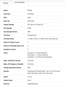 Resim Frisby FC-8955G Gaming Kasa, RGB Fan (300W) 