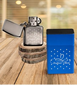 Resim Bk Gift Kişiye Özel Isimli Mavi Metal Sigara Tabakası Benzinli Çakmak Seti - 4 