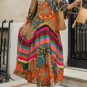 Resim Kadın Tropikal Desenli Uzun Kollu Bol Kesimli Maksi Elbise - Polyester, V Yaka, Üç Çeyrek Kol, Dört Mevsim, Çadır Silüeti, Kemersiz, Göğüs Pedi Yok, Dokuma Kumaş, 250g/m² 