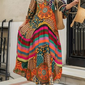 Resim Kadın Tropikal Desenli Uzun Kollu Bol Kesimli Maksi Elbise - Polyester, V Yaka, Üç Çeyrek Kol, Dört Mevsim, Çadır Silüeti, Kemersiz, Göğüs Pedi Yok, Dokuma Kumaş, 250g/m² 