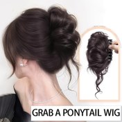 Resim Şık Kadınlar için Hacimli Scrunchie Peruk - Yüksek Sıcaklık Lifli, Doğal Görünümlü Topuz Uzatma, Tüm Etnik Gruplara Uygun Çok Yönlü Stil Aksesuarı, Kolay Topuz Yapımı İçin Koyu Kahverengi Kıvırcık Saç Parçası, Şık Topuz Uzatması | Kolay Topuz Çözümü | Güvenli Uyum Tasarımı, Peruk Aksesuarları 