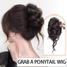 Resim Şık Kadınlar için Hacimli Scrunchie Peruk - Yüksek Sıcaklık Lifli, Doğal Görünümlü Topuz Uzatma, Tüm Etnik Gruplara Uygun Çok Yönlü Stil Aksesuarı, Kolay Topuz Yapımı İçin Koyu Kahverengi Kıvırcık Saç Parçası, Şık Topuz Uzatması | Kolay Topuz Çözümü | Güvenli Uyum Tasarımı, Peruk Aksesuarları 