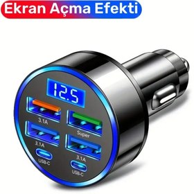 Resim pratikus Araç Şarj Cihazı 6 port | 2PD + 4USB, Hızlı Şarj, Tip-C, Dijital Ekran 