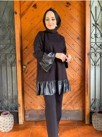Resim AYSUN AYDEMİR siyah deri detay tesettür ikili eşofman takım 