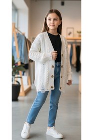 Resim Minimoda Kids Kız Çocuk Yırtık Detaylı Uzun Triko Hırka 