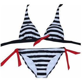 Resim Kadın Yaz Iki Parçalı Mayo Halter Üst Ekose Şerit Bikini Set Mayo Siyah 