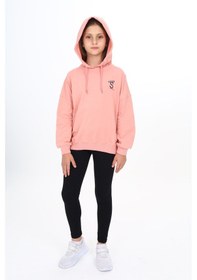 Resim Toontoy Kids Toontoy Kız Çocuk 2'li Takım Baskılı Kapüşonlu Düşük Omuz Sweatshirt & Basic Düz Tayt Mercan 