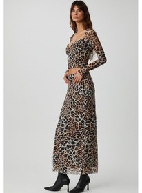 Resim Grimelange Kadın Maxi Boy Slim Fit Beli Lastikli Tül Batik Desenli Leopar Desenli Etek 