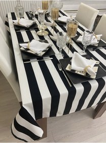 Resim Sıvı Geçirmez Dertsiz Masa Örtüsü Siyah Beyaz Kalın Çizgi 13 Parça 