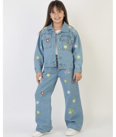 Resim Moonch Papatya Ve Çiçek Nakışlı Kız Çocuk Denim Ceket&pantolon Takım Mavi 