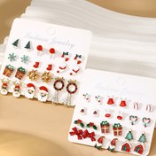 Resim 24 parça set/12 çift zarif Noel kutlama karikatür Noel Baba Noel ağacı küpe sevimli hediye kutusu kar tanesi fiyonk geyik şeker küpe seti Kadınların moda bayram partisi eşleştirme aksesuarları, Zarif Stil, Sevimli Stil 