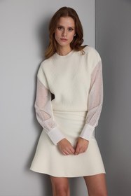 Resim Taşlı Tül Kollu Ekru Triko Kazak 