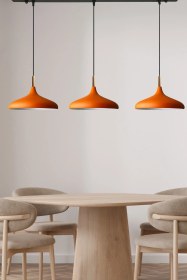 Resim Üçlü Turuncu Ahşap Başlık Sarkıt Lamba Yemek Masası Oturma Odası Mutfak Salon Otel Showroom Hol Turuncu 