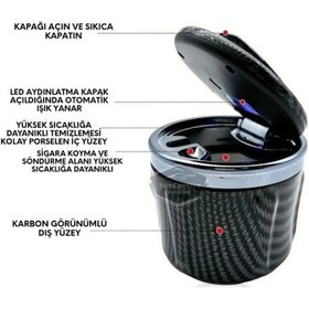 Resim Üniversal Porselen Yanmaz Koku Geçirmez Mavi Işıklı Lüx Oto Küllük Dumansız Kapaklı Silver Renk 