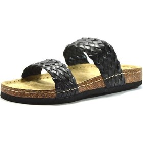 Resim Gezer Siyah Deri Çift Tokalı Örgülü Günlük Kadın Terlik Siyah 