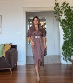 Resim V YAKA KEMER DETAYLI SATEN ELBİSE - MOKA KAHVE - 40 