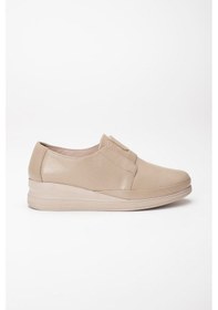 Resim Dilimler Ayakkabı Hakiki Deri Ortopedik Kadın Dolgu Topuklu Ayakkabı Bej Elastik Bantlı Bağsız-3304 Bej 