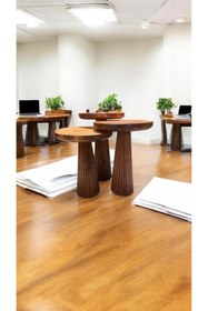 Resim Simillo Home&Living Wood Wooden Ahşap 3’lü Set Fitilli Mantar Yan Sehpa Modern Meşe Renk Fiskos 