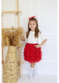 Resim Kız Çocuk 23 Nisan Tül Etekli Kısa Kol İkili Takım Kırmızı 