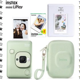 Resim Fujifilm Instax Mini LiPlay Matcha Yeşil Fotoğraf Makinesi 20'li Film Albüm ve Çanta Hediye Seti 