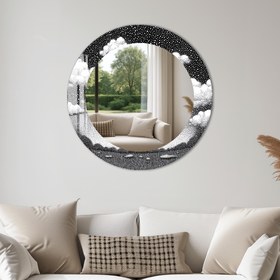 Resim Noktalı Gökyüzü Cam Tablo Yuvarlak Ayna - Beyaz / 100 cm 