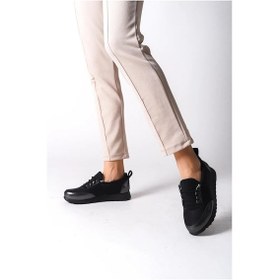 Resim Kadın Galina Siyah Platın Bağcıklı Lastikli Ortopedik Rahat Taban Taş Detaylı Günlük Babet Anne Ayakkabısı-siyah Platin Siyah 