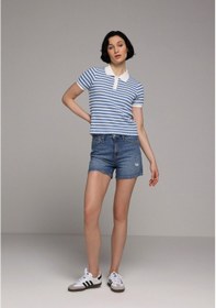 Resim Colin's Colins Slim Fit Polo Yaka Çizgili Kadın Mavi Kısa Kol Tişört Cl1080513 Q1.v1 Ble 